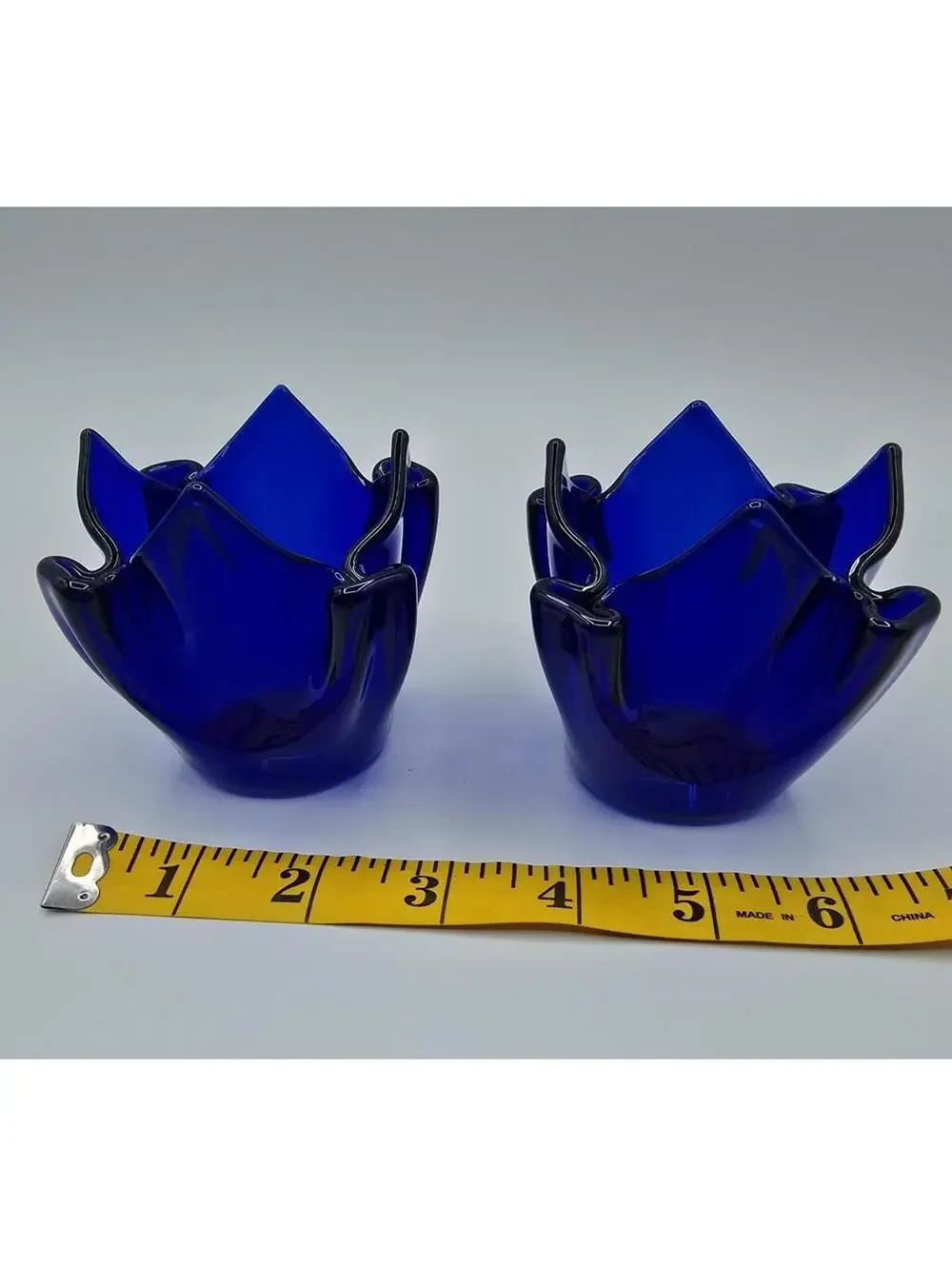 PartyLite Cobalt Blue Art Glass Tulip Votive Candle Holders Set of 2